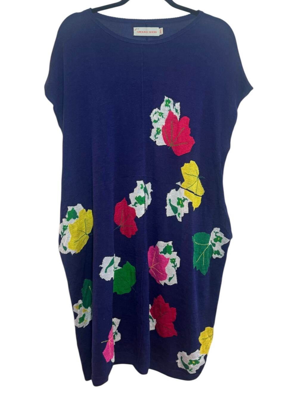 Groundshow Size Large Blue Knit Abstract Design Lagenlook Midi Dress Pockets